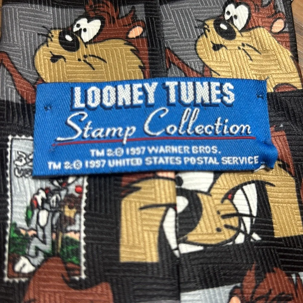 Vintage 1997 Looney Tunes Stamp Collection Taz Bugs Bunny Neck Tie Black 90s Fun